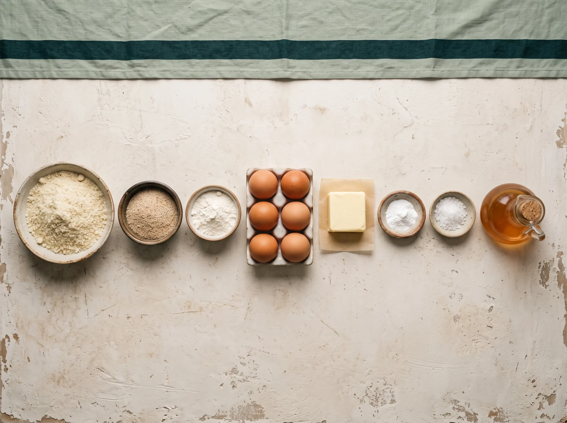 Almond flour, coconut flour, psyllium husk, eggs, butter and cider vinegar in small bowls before mixing