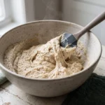 Stiff pale keto bread dough being folded in a ceramic bowl with a dry seam of flour still at the edge