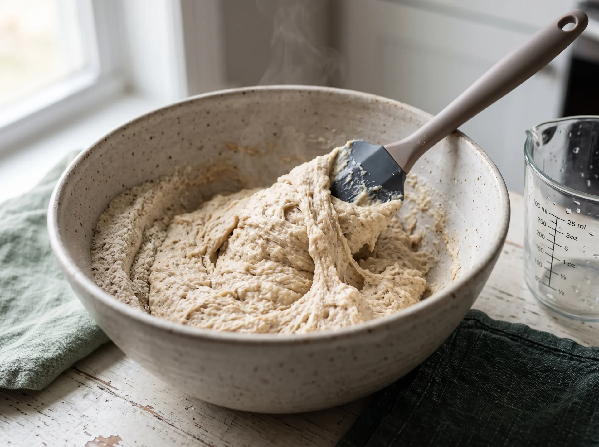 Stiff pale keto bread dough being folded in a ceramic bowl with a dry seam of flour still at the edge