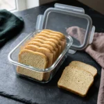 Slices of keto sandwich bread stacked with parchment squares in a glass meal-prep container