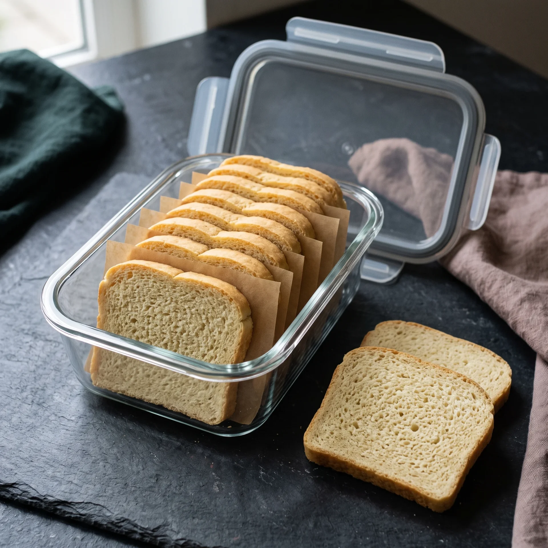 Slices of keto sandwich bread stacked with parchment squares in a glass meal-prep container