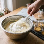 Folding whipped cream into keto cheesecake filling by hand with a spatula
