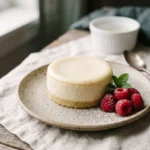Air fryer keto cheesecake recipe for two, plated with fresh raspberries and mint