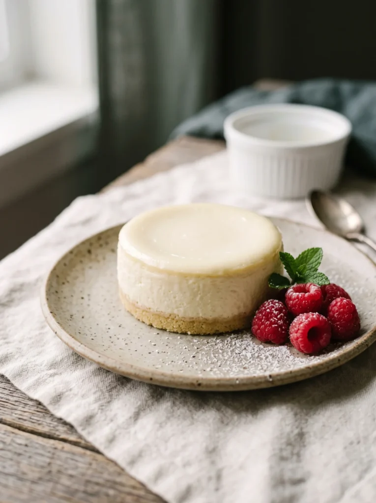 Air fryer keto cheesecake recipe for two, plated with fresh raspberries and mint