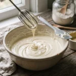 Cream cheese filling being mixed smooth for an air fryer keto cheesecake recipe, before the egg yolk is added