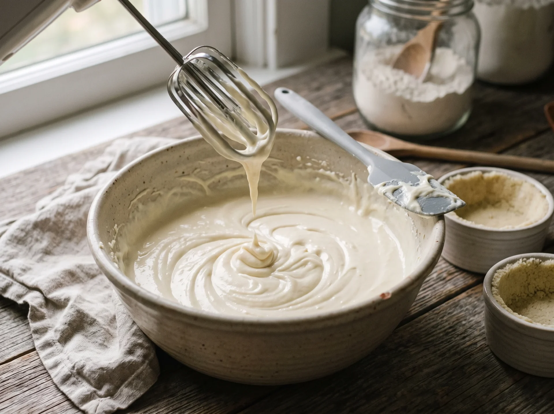 Cream cheese filling being mixed smooth for an air fryer keto cheesecake recipe, before the egg yolk is added
