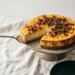 Sliced savory keto cheesecake with bacon, melted cheddar, and chives on a ceramic cake stand