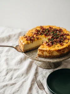Sliced savory keto cheesecake with bacon, melted cheddar, and chives on a ceramic cake stand