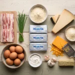 Raw ingredients for savory keto cheesecake laid out on a wood surface: cream cheese, bacon, cheddar, almond flour, and eggs