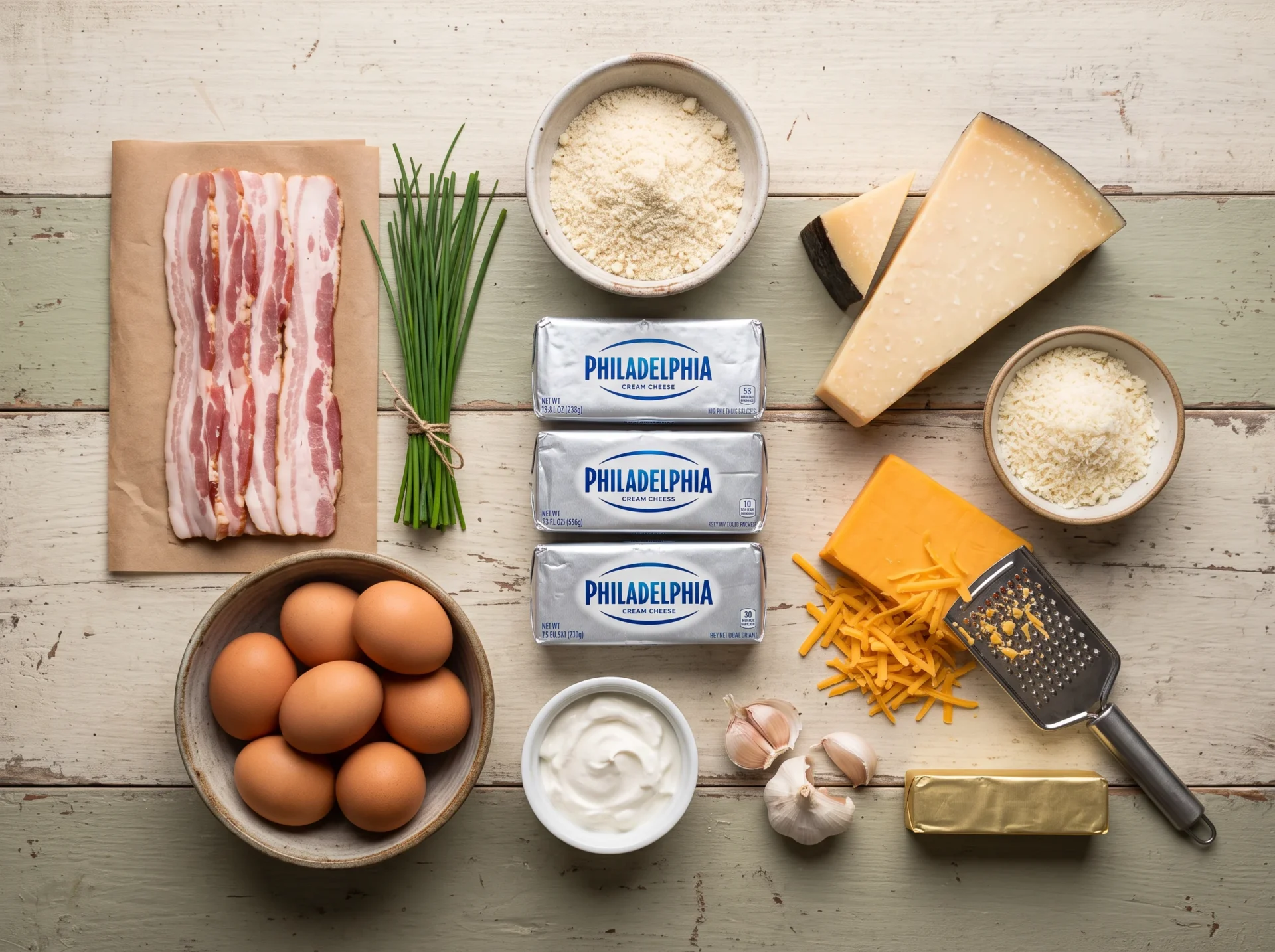 Raw ingredients for savory keto cheesecake laid out on a wood surface: cream cheese, bacon, cheddar, almond flour, and eggs