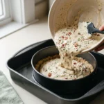 Savory keto cheesecake batter being poured into a springform pan set inside a water bath