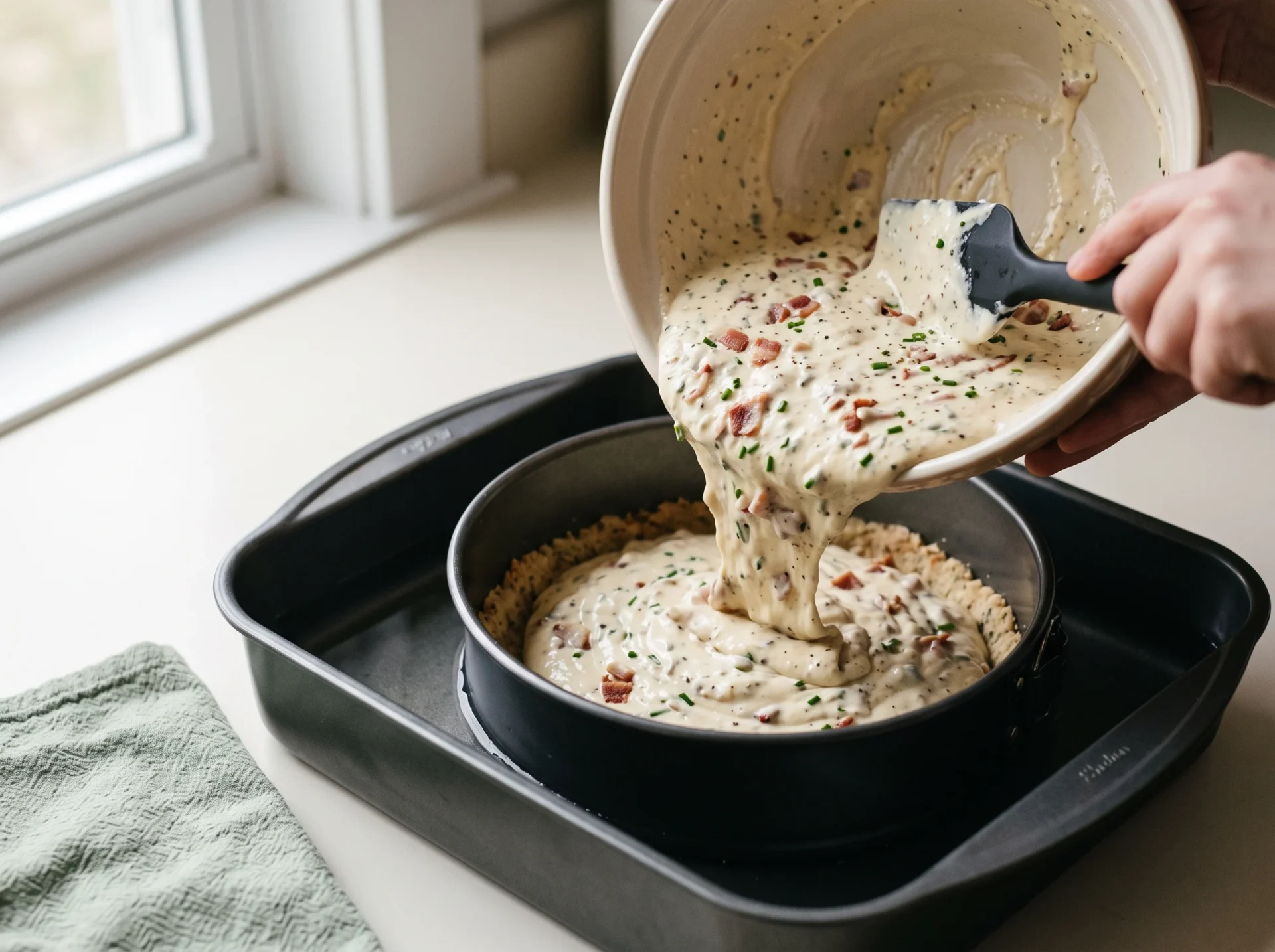 Savory keto cheesecake batter being poured into a springform pan set inside a water bath