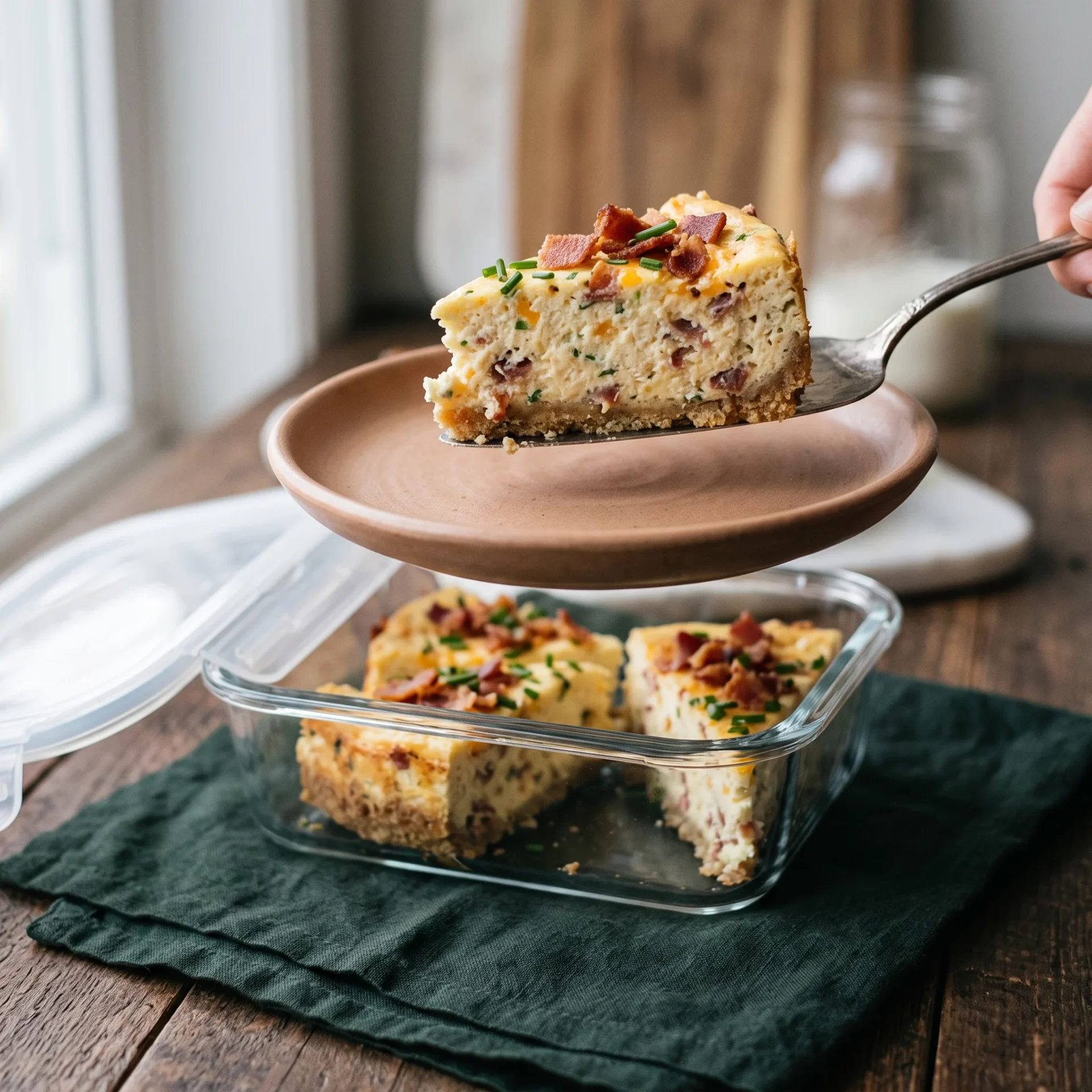A slice of savory keto cheesecake being plated next to portioned slices in a glass meal-prep container