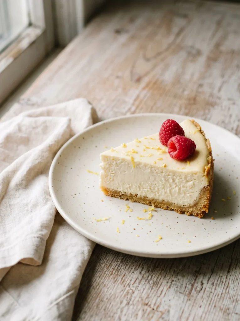 Keto cheesecake without erythritol, sliced to show the almond flour crust and creamy filling