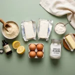 Raw ingredients for keto cheesecake without erythritol, including cream cheese, almond flour, and allulose