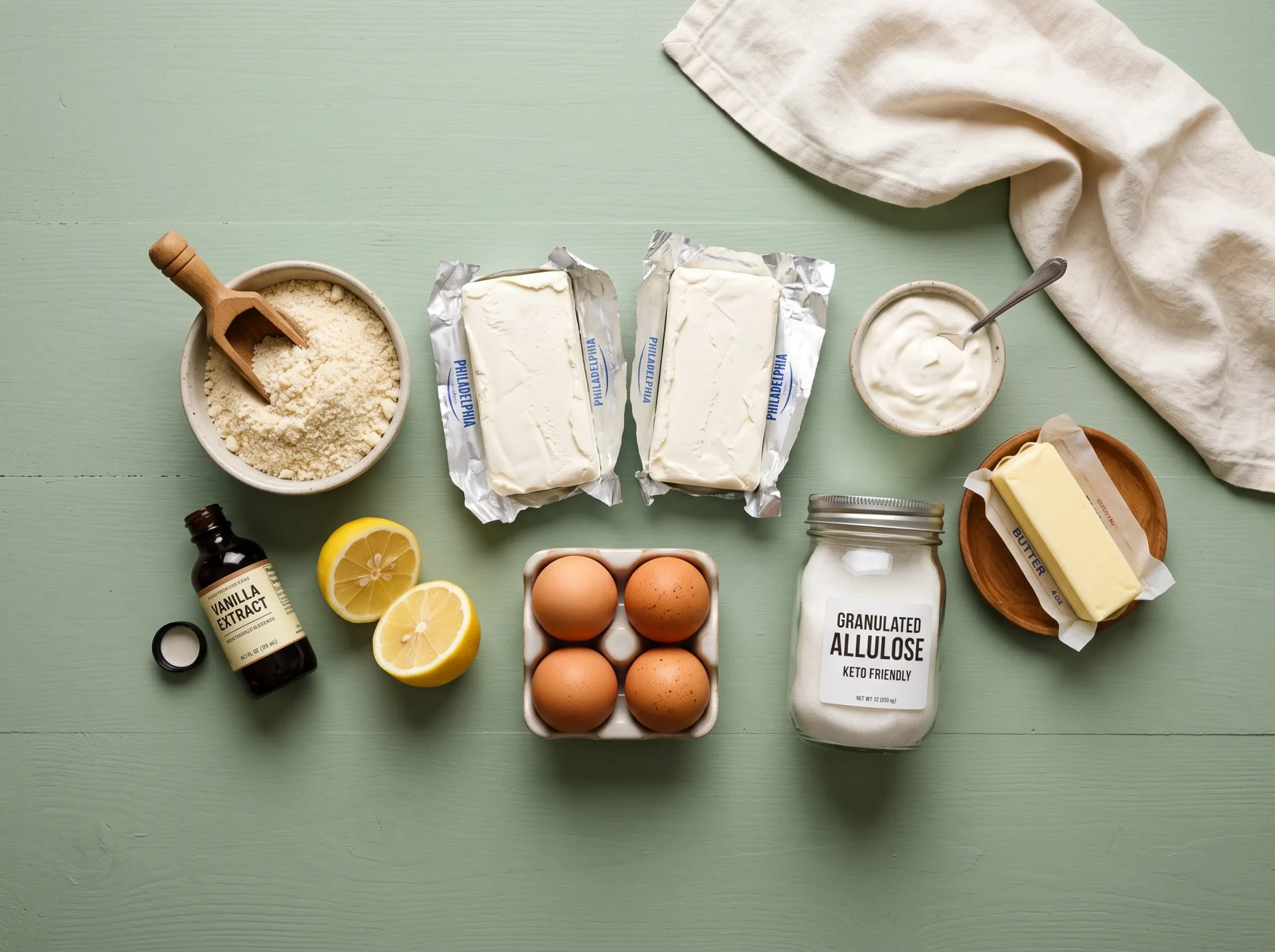 Raw ingredients for keto cheesecake without erythritol, including cream cheese, almond flour, and allulose
