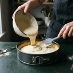 Pouring keto cheesecake filling over a pre-baked almond flour crust in a springform pan