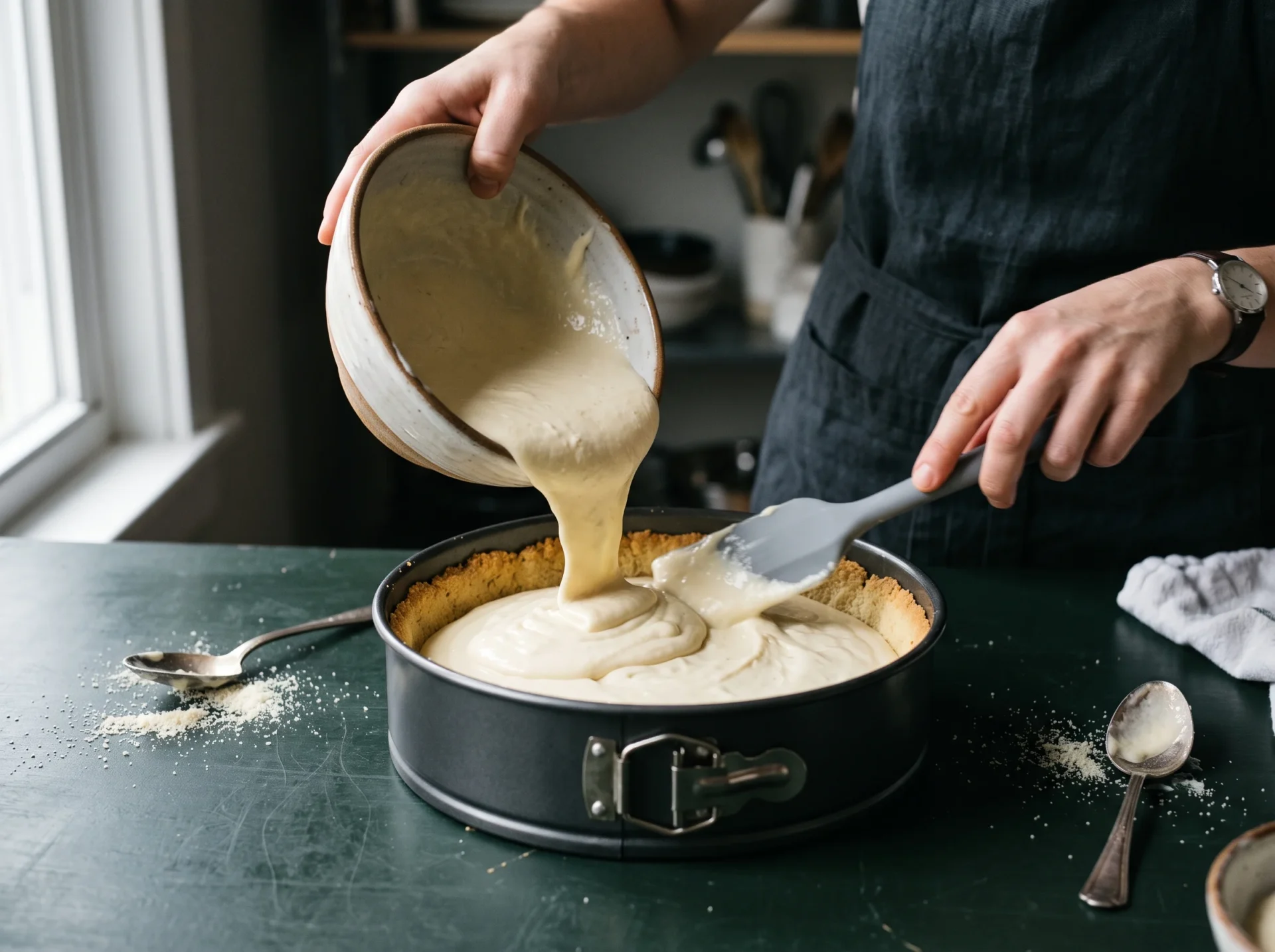Pouring keto cheesecake filling over a pre-baked almond flour crust in a springform pan