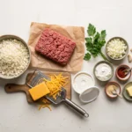 Raw ingredients for air fryer keto ground beef casserole laid out overhead