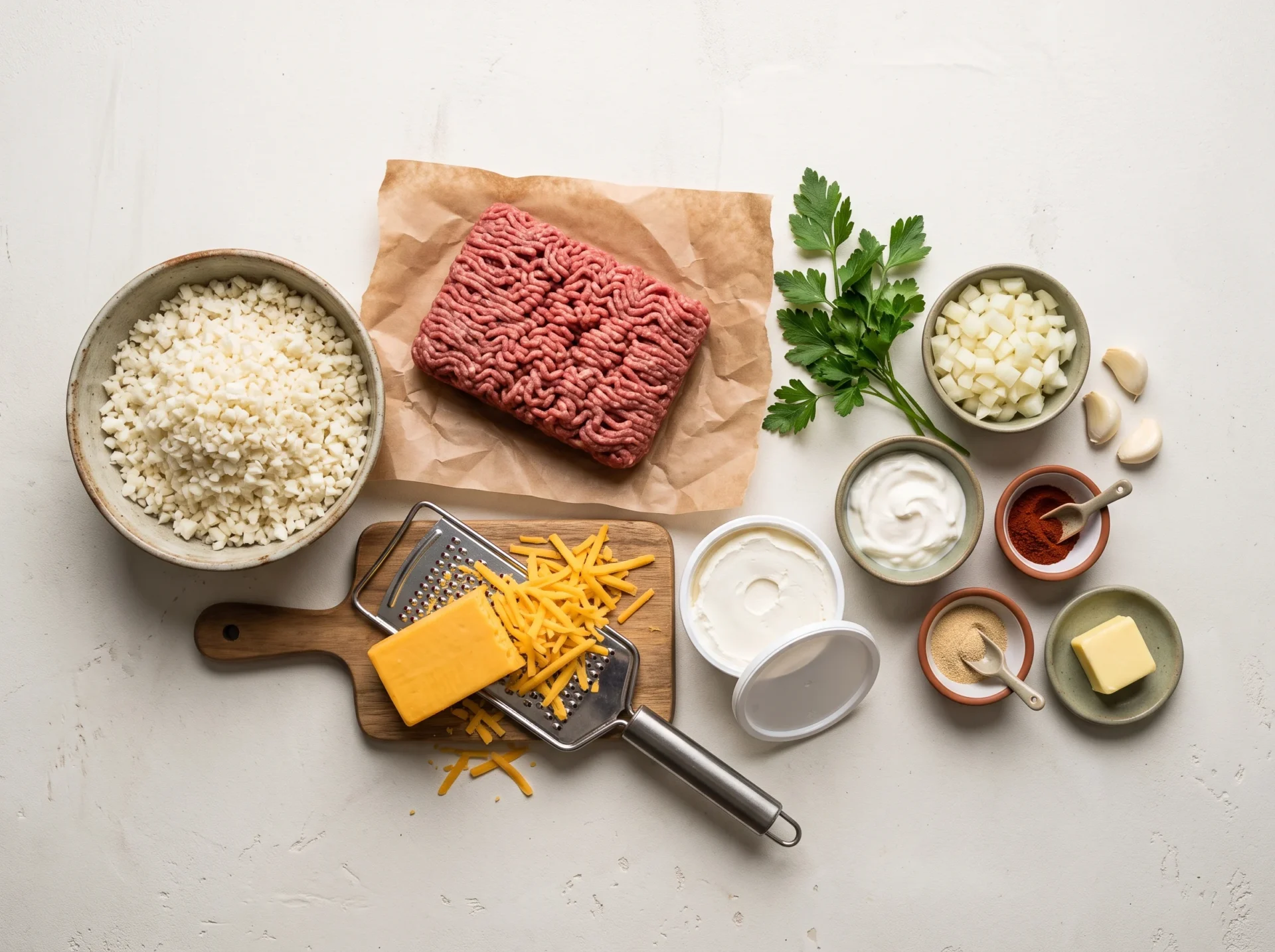 Raw ingredients for air fryer keto ground beef casserole laid out overhead