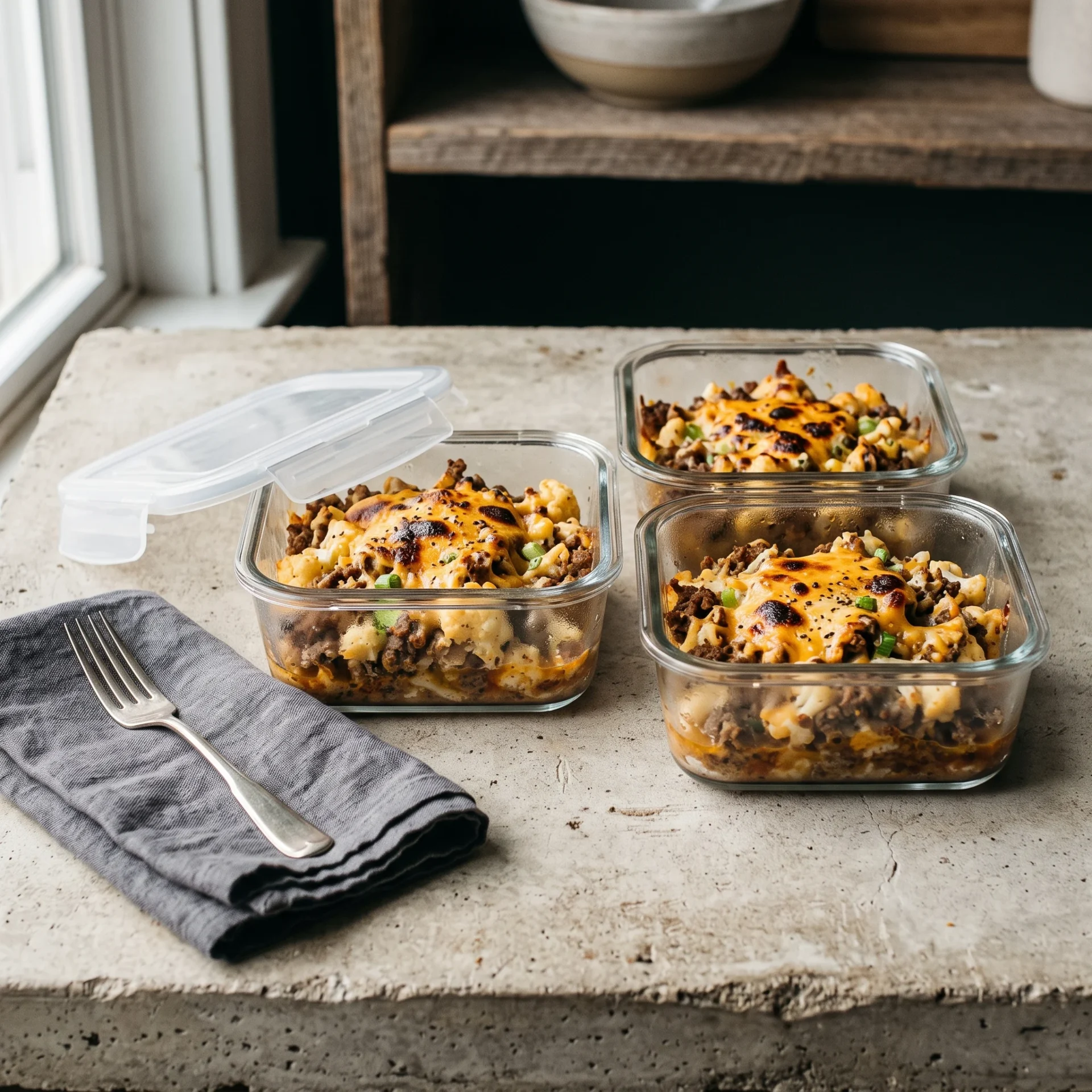 Air fryer keto ground beef casserole portioned into glass meal-prep containers