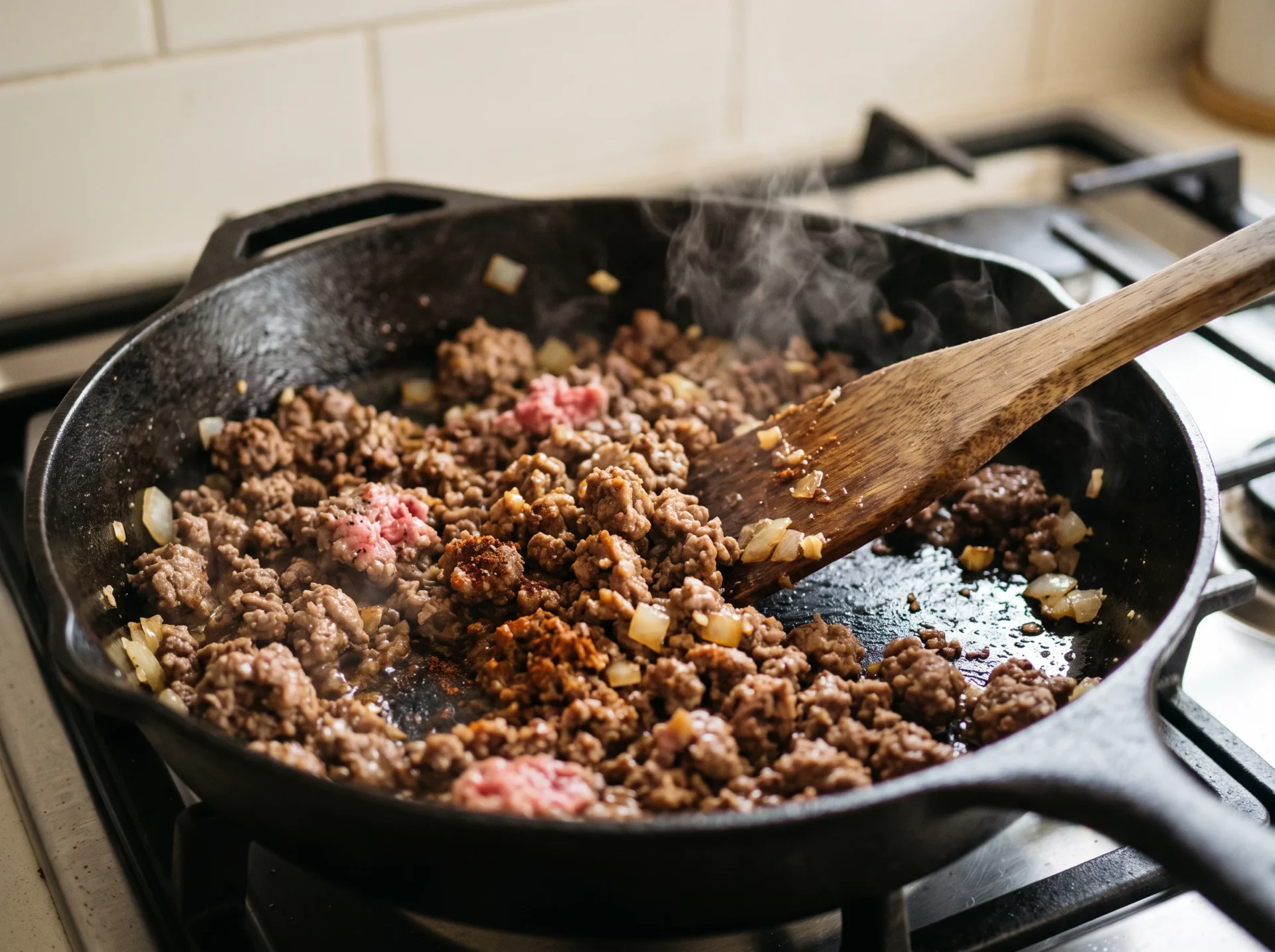 Ground beef browning in a skillet for keto ground beef cauliflower casserole