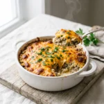 Air fryer keto ground beef casserole with melted cheddar in a white ceramic dish