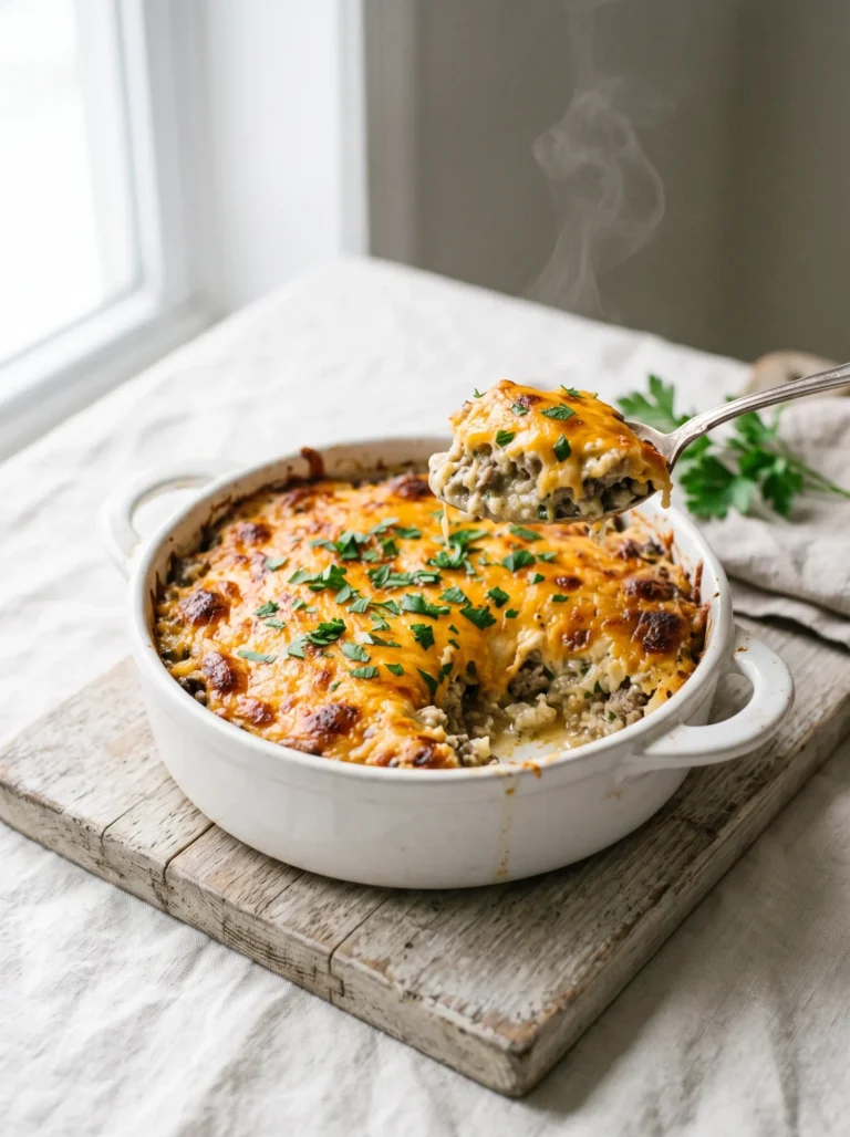 Air fryer keto ground beef casserole with melted cheddar in a white ceramic dish