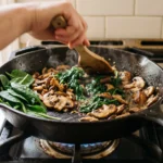 Spinach wilting into browned mushrooms for keto ground beef mushroom casserole