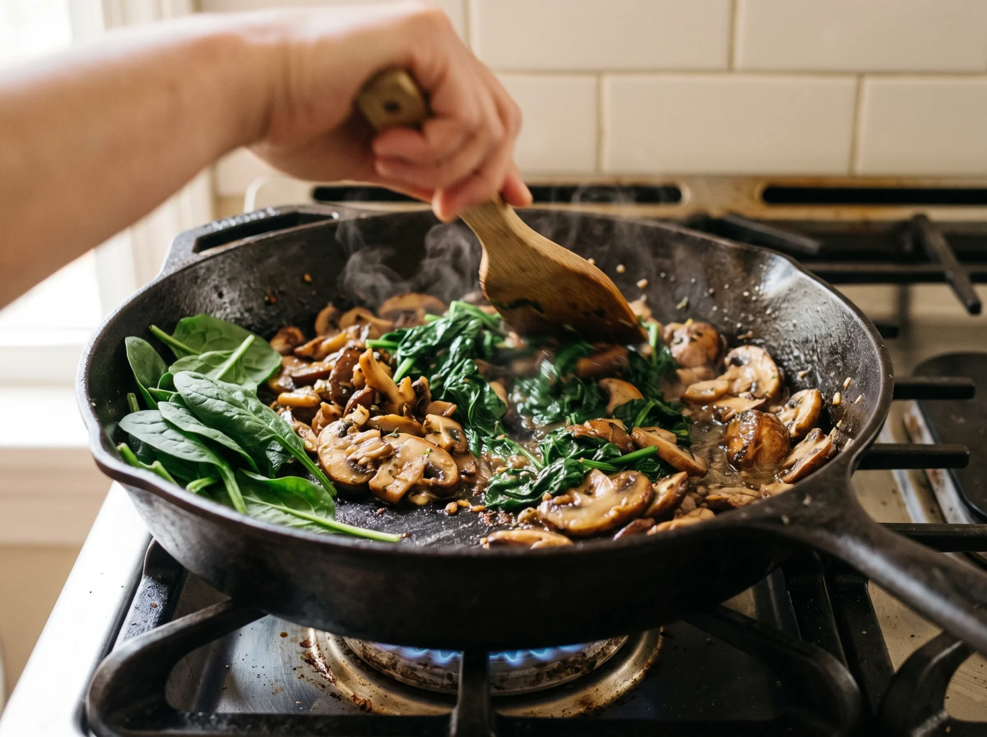 Spinach wilting into browned mushrooms for keto ground beef mushroom casserole