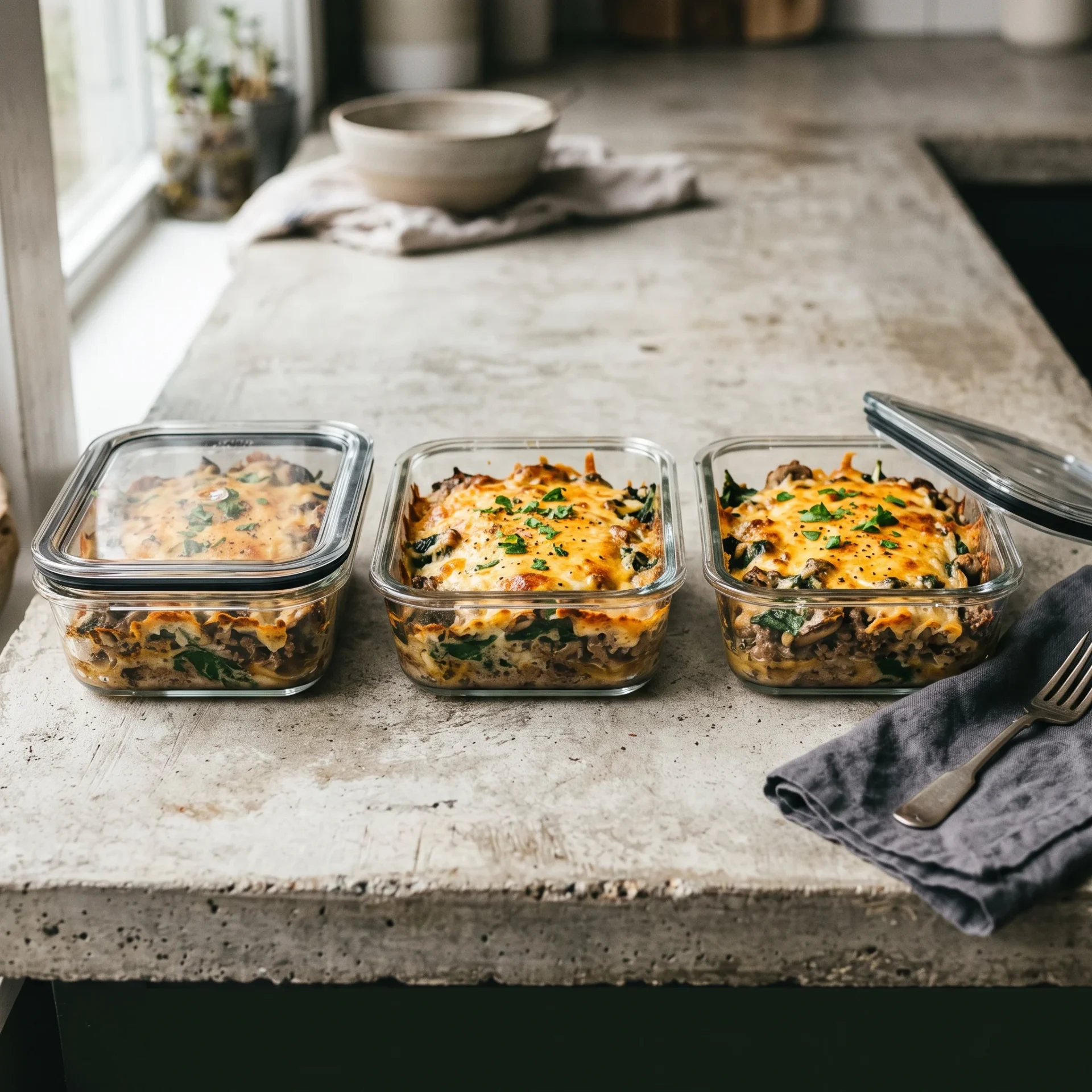 Cheesy keto ground beef spinach casserole portioned into glass meal-prep containers