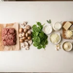 Raw ingredients for cheesy keto ground beef spinach casserole laid out overhead