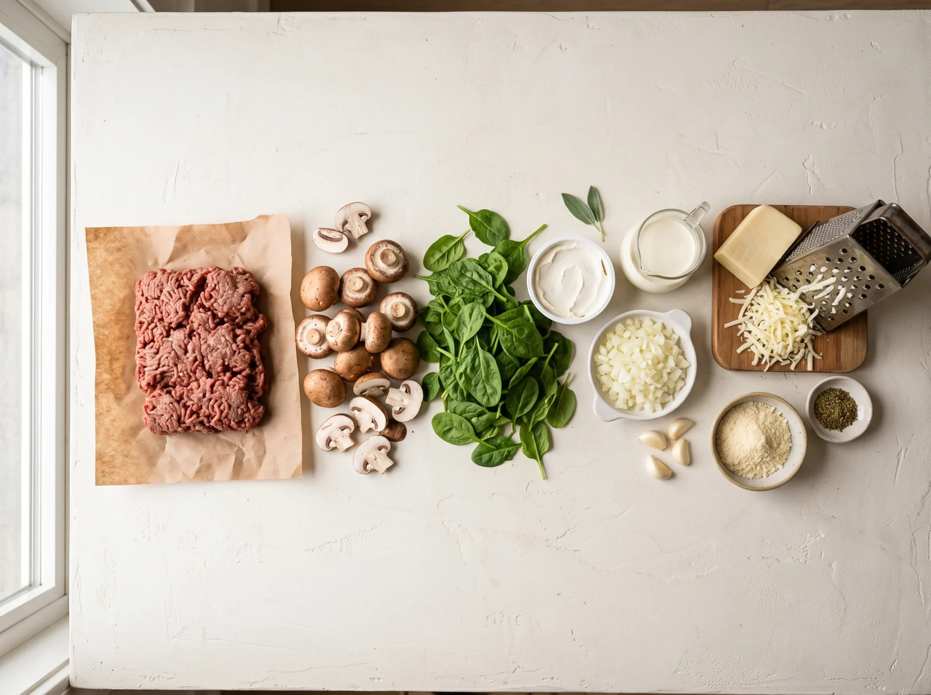 Raw ingredients for cheesy keto ground beef spinach casserole laid out overhead