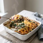 Cheesy keto ground beef spinach casserole with melted mozzarella in a white baking dish