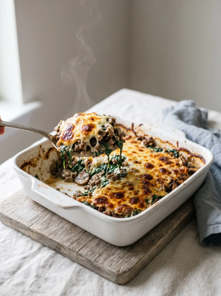 Cheesy keto ground beef spinach casserole with melted mozzarella in a white baking dish
