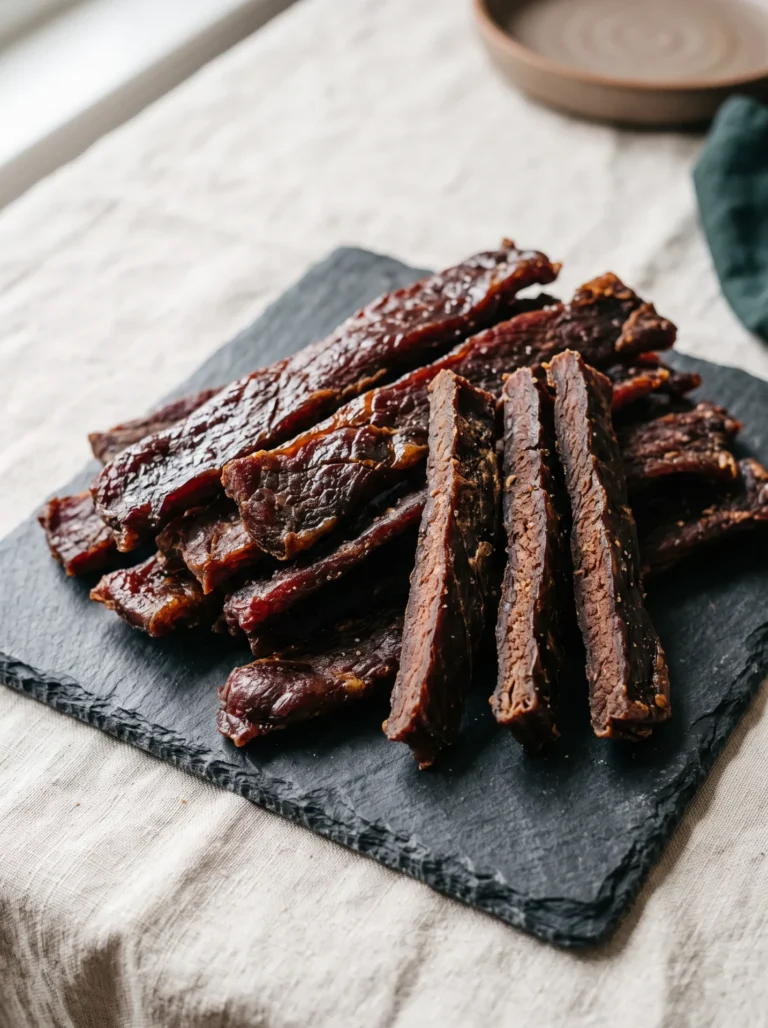 Carnivore beef jerky recipe strips piled on a slate serving board