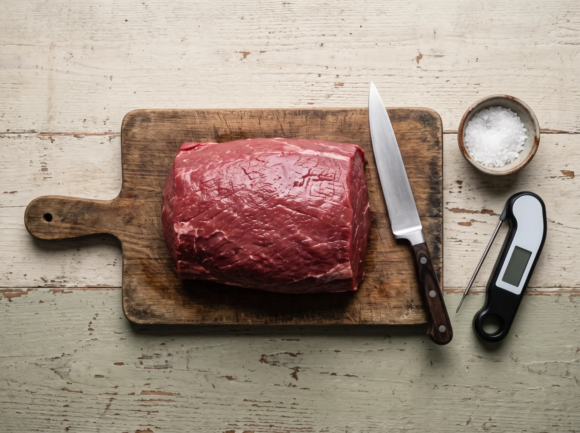Raw trimmed beef and kosher salt for carnivore beef jerky before slicing