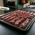 Salted beef jerky strips arranged on a wire rack before oven drying