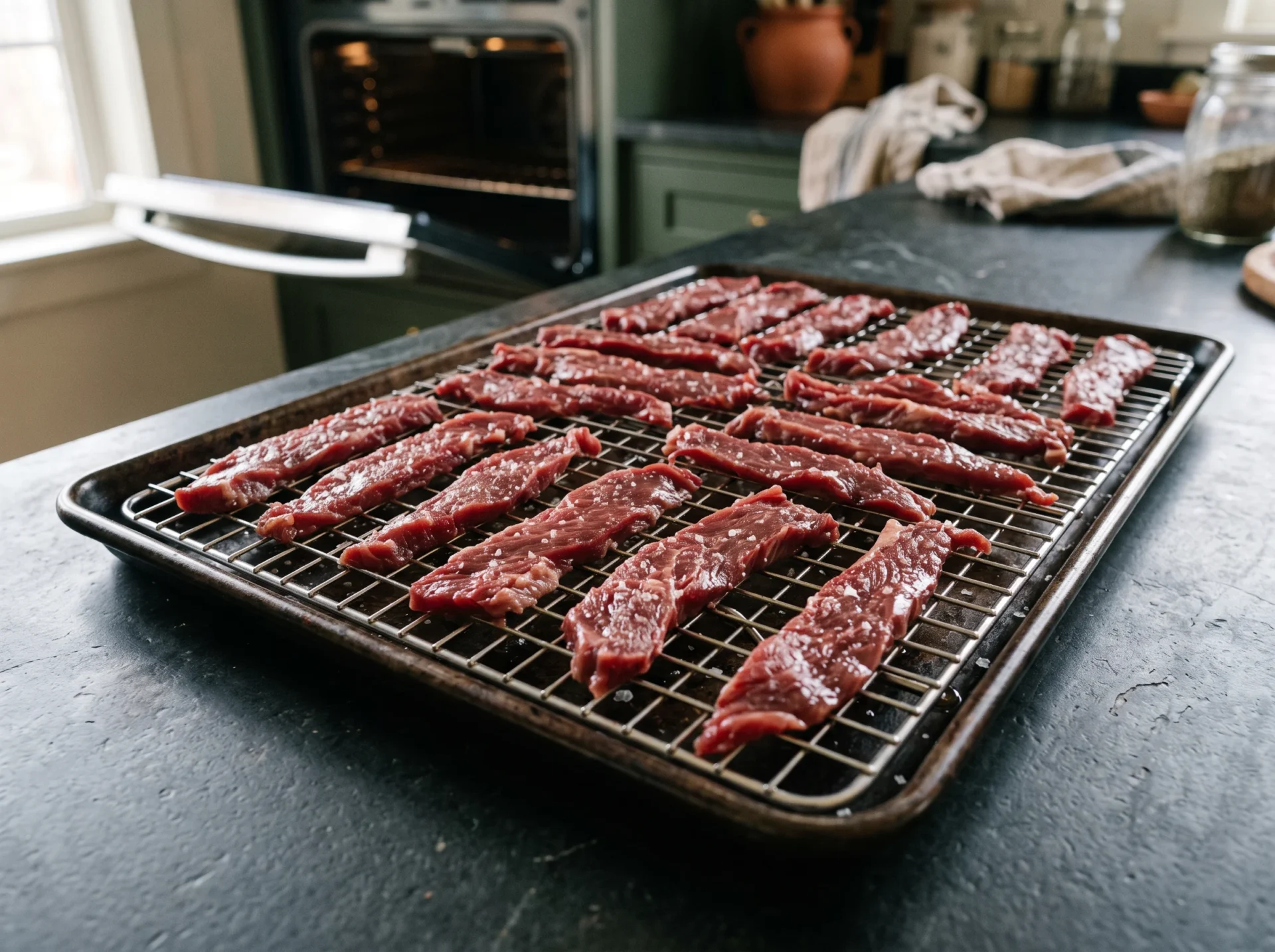 Salted beef jerky strips arranged on a wire rack before oven drying