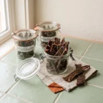 Dried carnivore beef jerky strips portioned into glass storage jars