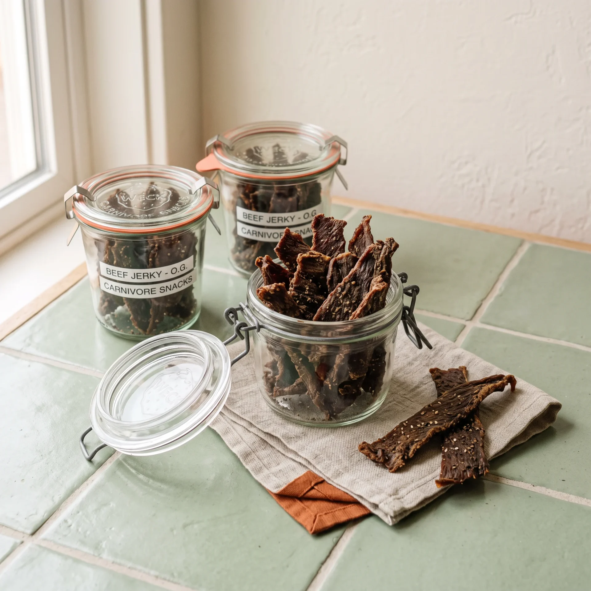 Dried carnivore beef jerky strips portioned into glass storage jars