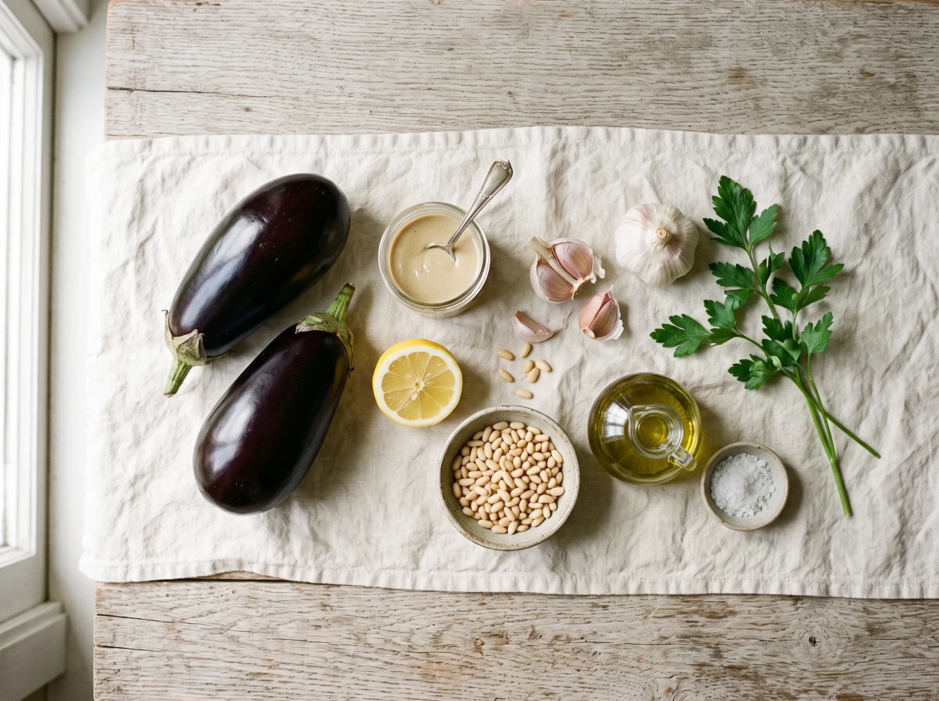 Raw ingredients for roasted eggplant with lemon tahini: eggplants, tahini, lemon, garlic, pine nuts