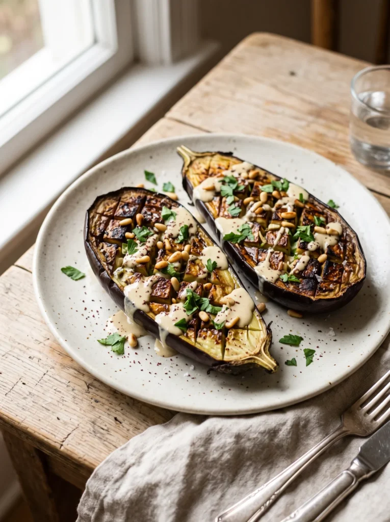 Roasted eggplant with lemon tahini, toasted pine nuts, and parsley on a ceramic plate
