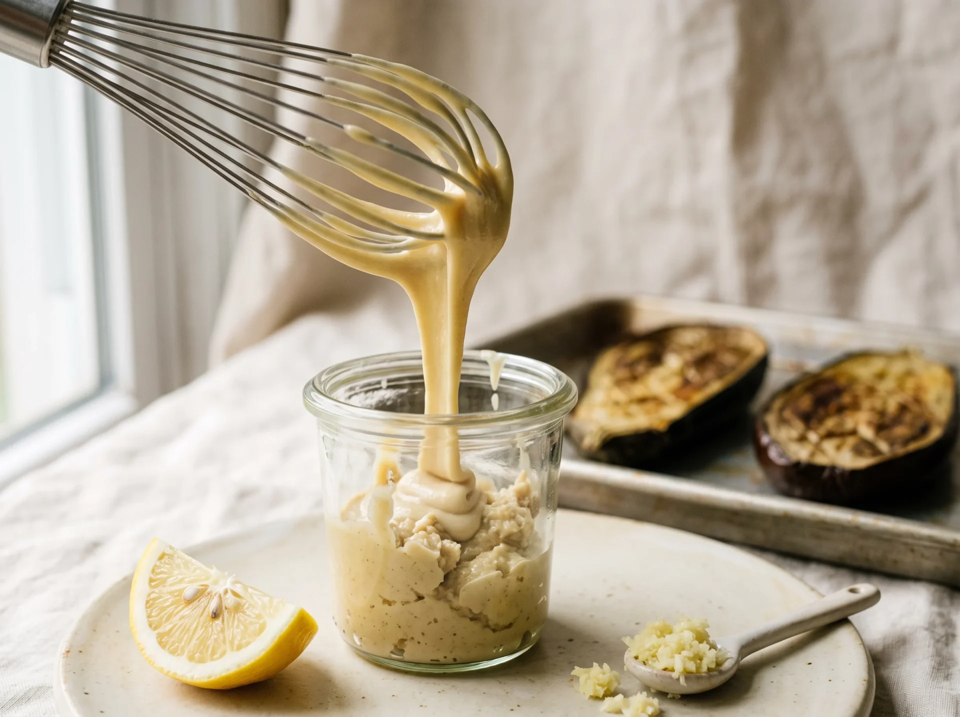 Whisking lemon tahini sauce in a jar beside roasted eggplant halves on a baking sheet