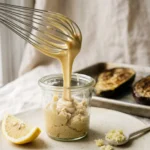 Whisking lemon tahini sauce in a jar beside roasted eggplant halves on a baking sheet