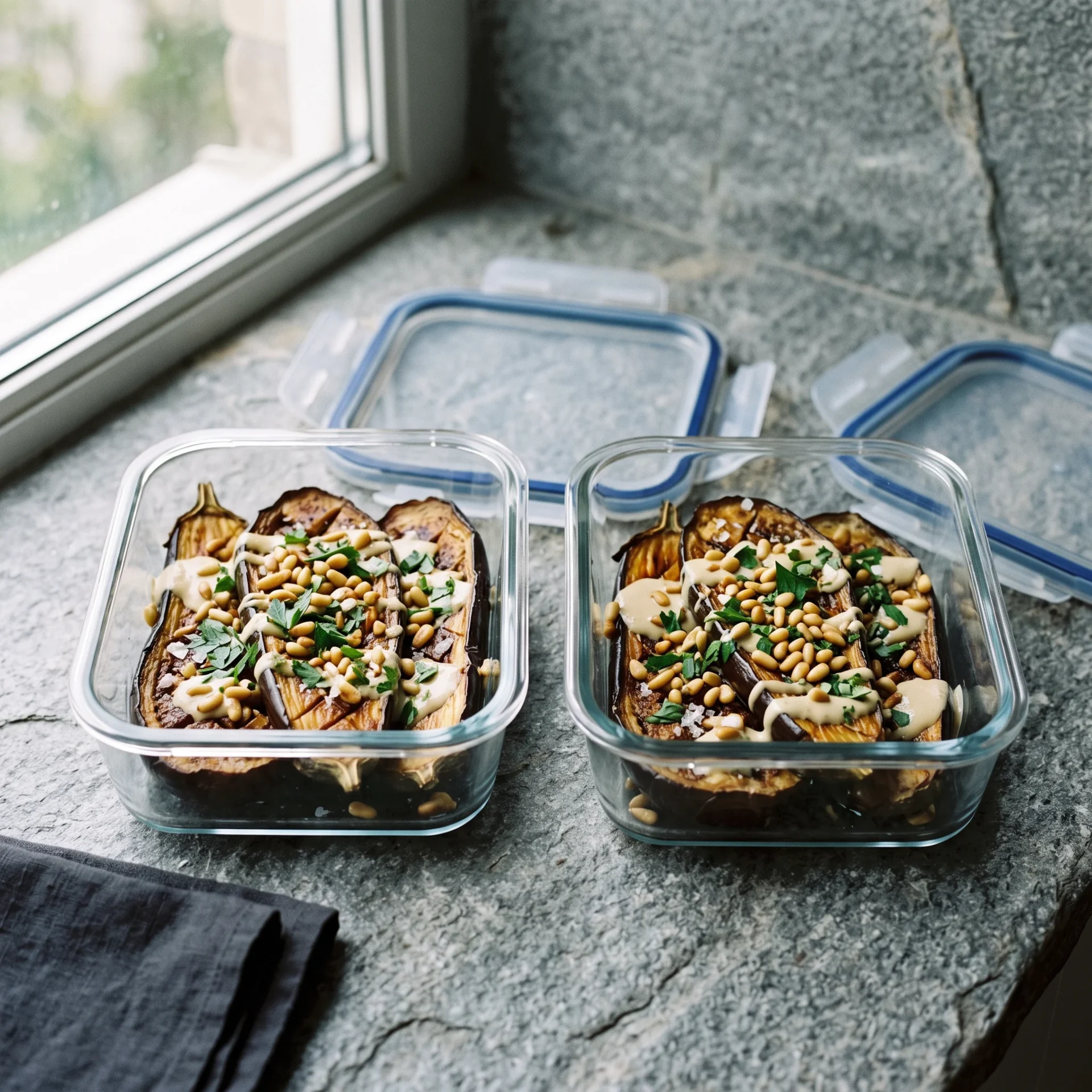 Roasted eggplant with lemon tahini portioned into two glass meal-prep containers