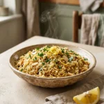 Mediterranean rice pilaf with orzo in a ceramic bowl, topped with almonds, parsley, and lemon zest
