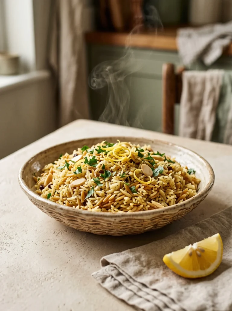 Mediterranean rice pilaf with orzo in a ceramic bowl, topped with almonds, parsley, and lemon zest