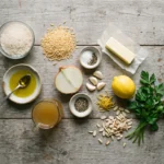 Raw ingredients for Mediterranean rice pilaf with orzo laid out on a wood table