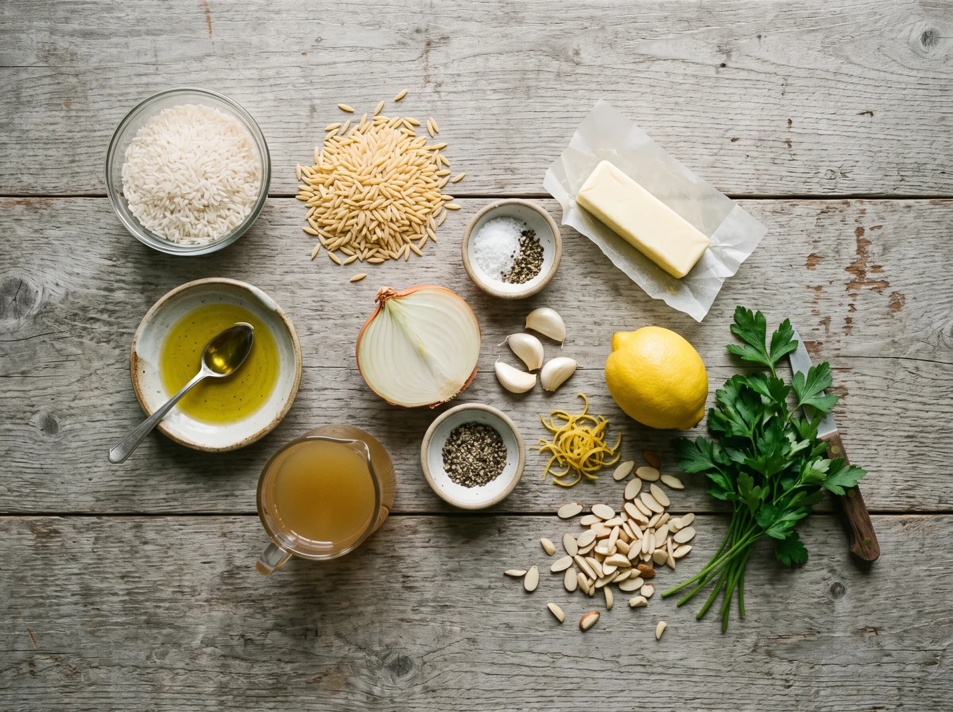 Raw ingredients for Mediterranean rice pilaf with orzo laid out on a wood table